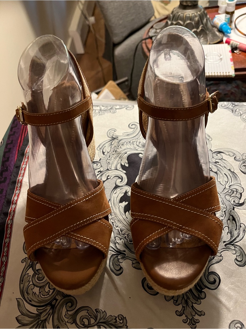 Clarks Tan Crisscross Espadrille Wedge Sandals